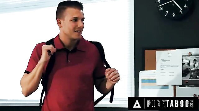 Christy Love in red polo and backpack in Pure Taboo scene