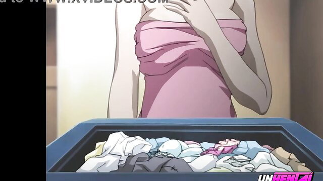 Busty anime stepmom covering tits in towel over laundry basket