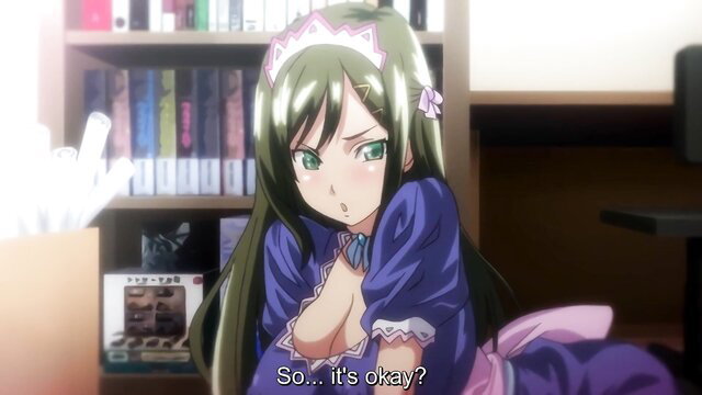 Busty green-haired anime girl in frilly dress, cleavage exposed, shy expression