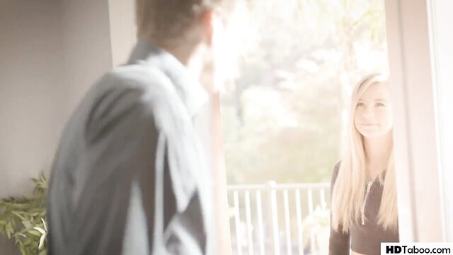 Carolina Sweets blonde virgin babe at door with professor