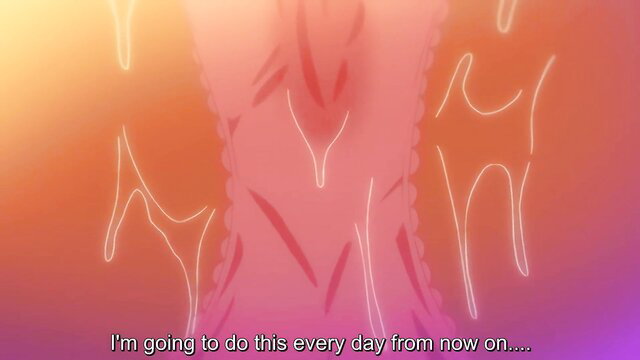 Anime hentai busty schoolgirl closeup with glowing pink pussy outline