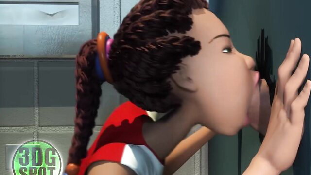 3D animated black teen cheerleader deepthroating big dick at glory hole