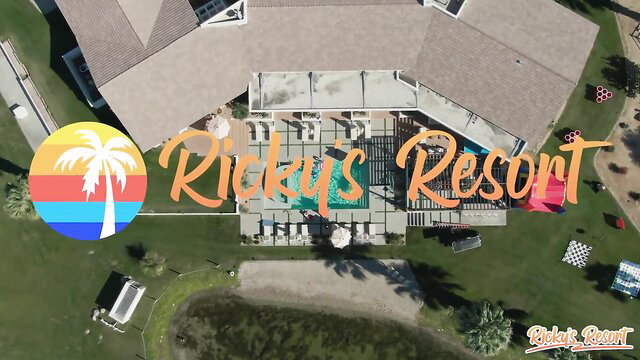 Ricky's Resort aerial view with palm trees and pool