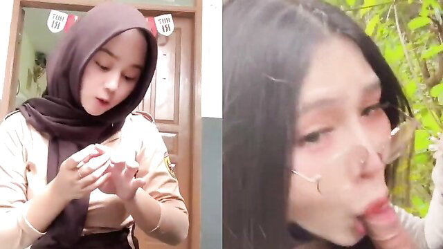 Indonesian hijab teen in uniform closeup face and tongue tease
