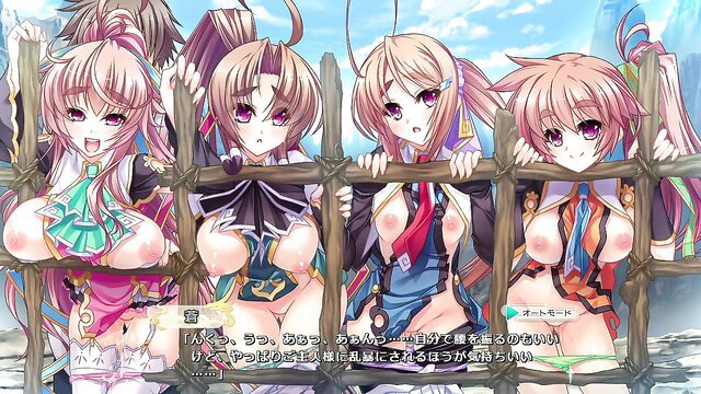 Four busty anime girls with huge tits in sexy outfits locked in wooden stocks, pleading eyes