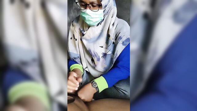 Muslim hijab teacher in green mask groping cock closeup