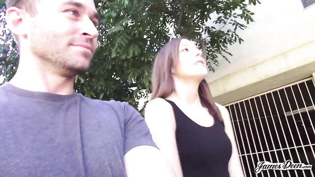 James Deen and Molly Manson outdoors by house, casual teasing