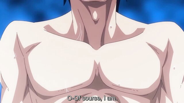 Muscular anime hero bare chested smirks confidently in hentai succubus scene