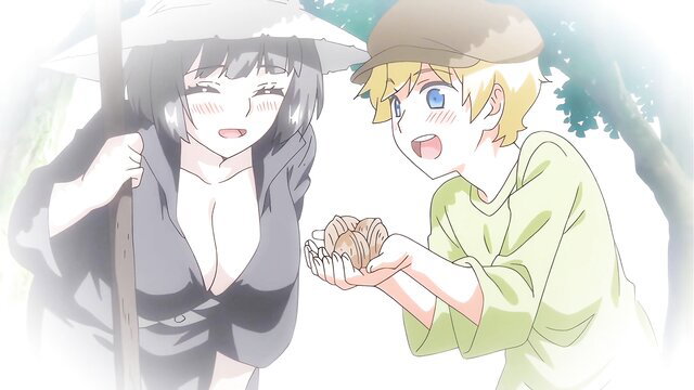 Busty black-haired hentai witch smiles at petite blond boy offering nuts