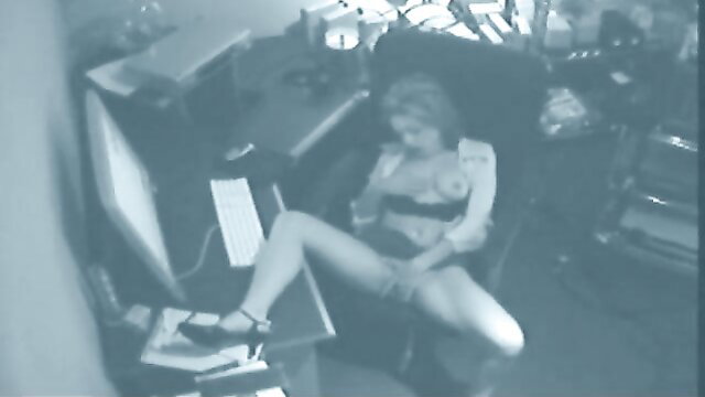 Blonde office slut strips nude, spreads legs wide on chair in solo tease