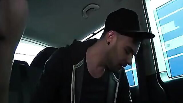 Adorable twink in threesome fucked in van closeup