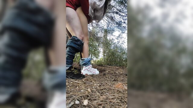 Indian couple outdoor jungle sex, woman squatting with pants down