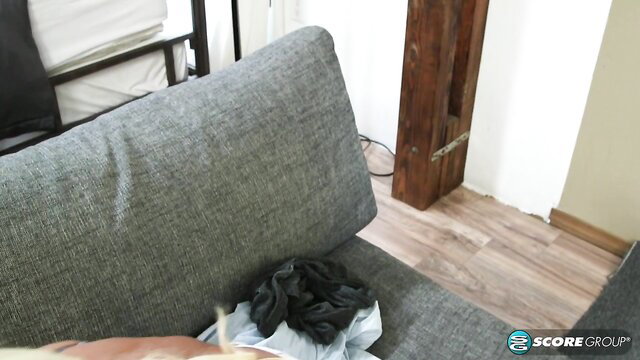 Madison A, 66yo MILF with black panties on gray couch