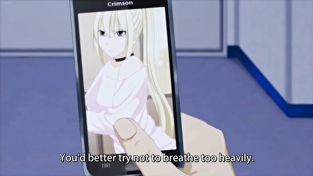 Busty blonde anime idol in tight white top holds phone, mind control hentai tease
