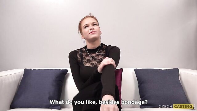 Czech Casting Sophia Traxler in sexy black lace dress asking kinks