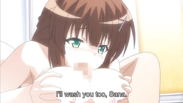 Cute brown-haired hentai girl Sana washing with big tits and censored pussy