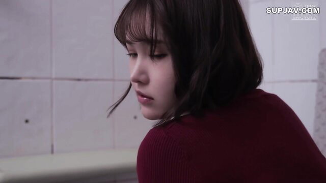 Cheeky Asian wife in red sweater, cheek turned, JAV rape fantasy thumbnail