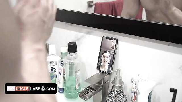 Innocent virgin boy selfies in bathroom mirror for online lover