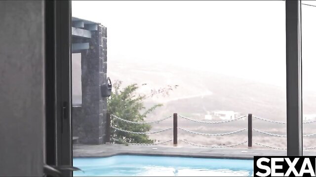 Gorgeous brunette by pool, riding to creampie orgasm