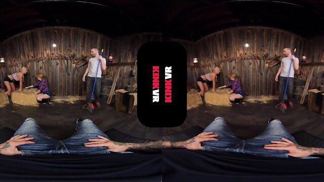 Kink VR Rolling In The Hay: Bearded man dominates 3 busty blondes in hayloft threesome