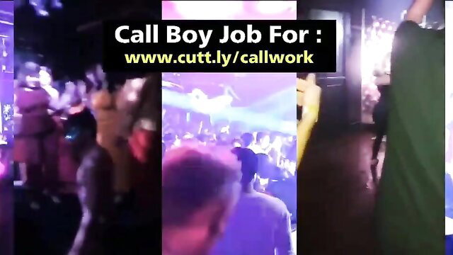 Crowded neon club party scene with dancers for call boy job ad