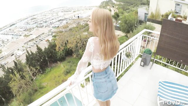 Nancy Ace in lace top and denim shorts on balcony POV