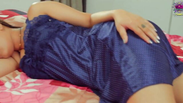 Asian big ass babe in sheer blue lingerie lying seductively on bed