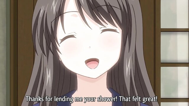 Anime girl with long brown hair smiles happily after shower