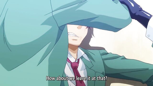 Anime guy in green suit suggesting to leave it at that, hentai school tease