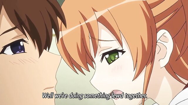 Anime JAV busty orange-haired teen lewd face closeup with guy