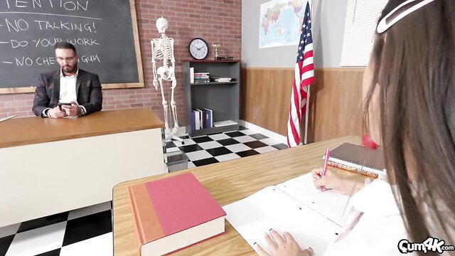 Lola Aiko in schoolgirl outfit seduces teacher at desk Cum4K