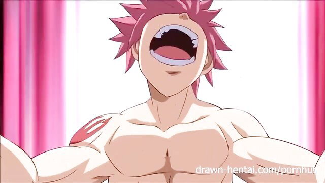 Muscular pink-haired anime hunk with open mouth and huge arms in Fairy Tail hentai