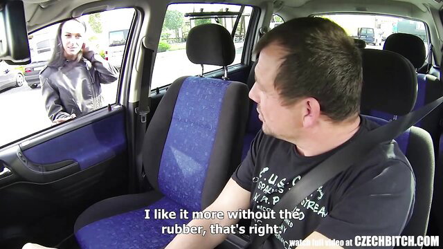 Czech blonde in leather jacket talks to man in car, amateur tease