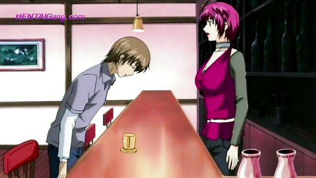 Milf with pink hair leans over bar at young man in uncensored hentai