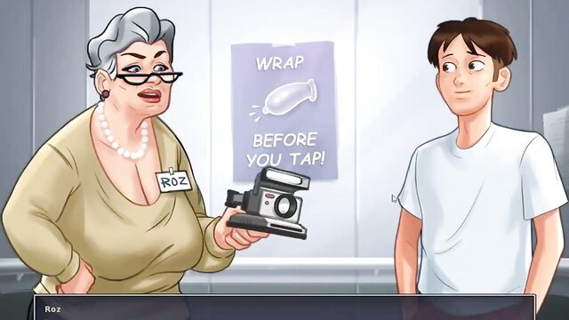 Granny librarian with huge tits holds camera for young guy's condom photo