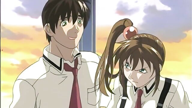Bible Black anime hentai couple in school uniforms at sunset