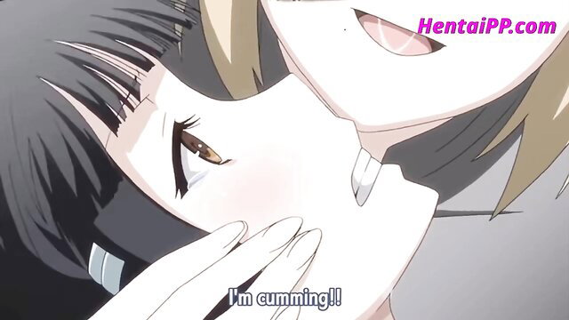 Blushing anime brunettes kiss passionately in steamy hentai bathroom scene
