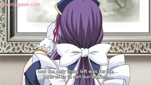 Purple-haired anime girl in maid outfit looking at mirror, hentai Starless