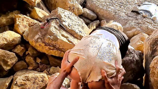 Teen bent over rocks on beach, fucked hard from behind by MaskCouple