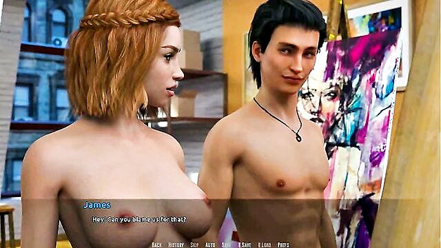 Topless redhead posing nude for artist in studio, big tits closeup