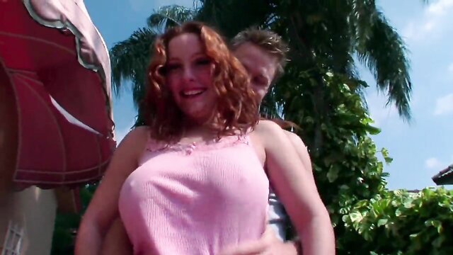 Rebecca Lane big natural tits in pink top hugged on sunny holiday