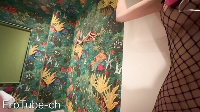 Japanese masochist in fishnet lingerie bound on X-frame for SM slave training