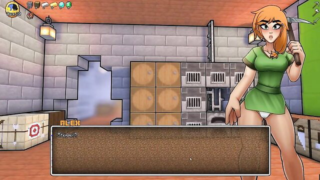 Alex in green skirt holds hammer, Minecraft gloryhole blowjob setup