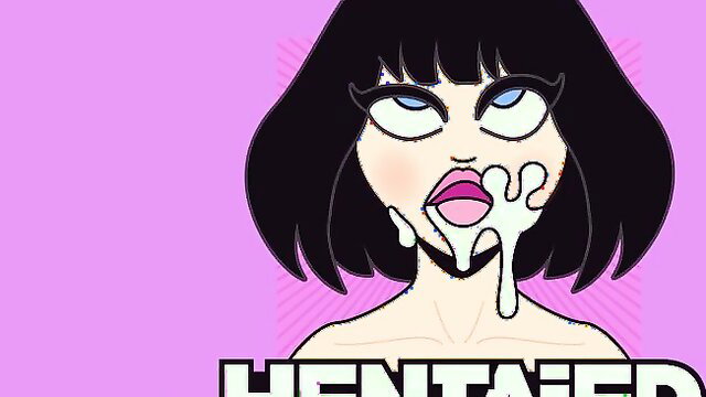 Mary Bambola hentai-style bukkake face, cum dripping from mouth