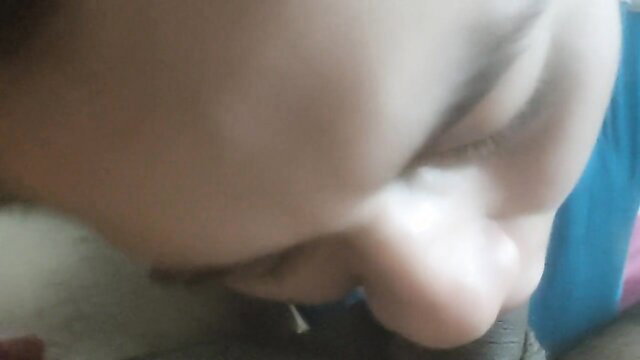 Closeup of stepmom's lips on cock in morning blowjob wake-up