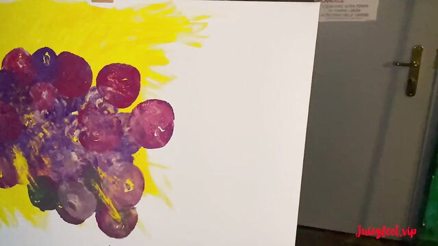 Giorgiafeet sexy nipples boobs artwork painting, purple grapes on yellow canvas