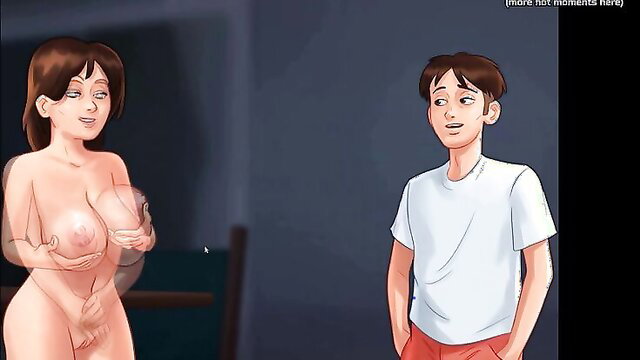 Busty brunette stepmom holds huge tits for stepson to jerk off