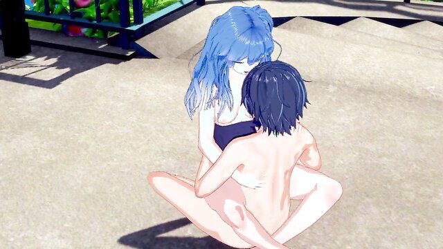 Blue-haired Yoshino hugs nude Shidou intimately on stairs in Date a Live parody