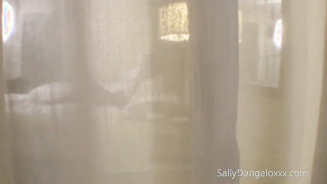 Sally D'Angelo in sheer curtains teasing nude, Night Chaser