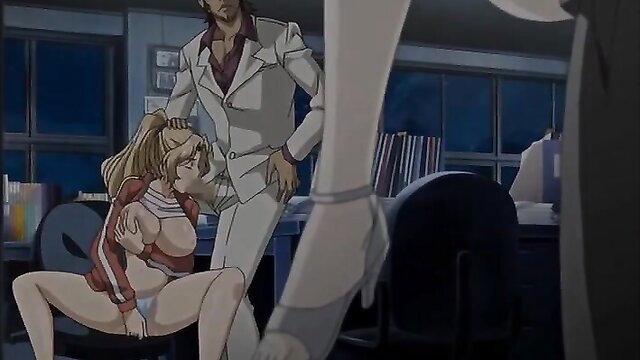 Busty blonde anime girl groped by suited man in office JAV scene